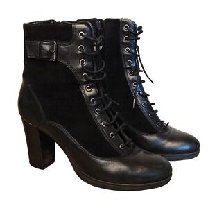 Geox New Vanity Boots Womens 10 Black Leather Suede Lace Up Block Heel Ankle D34